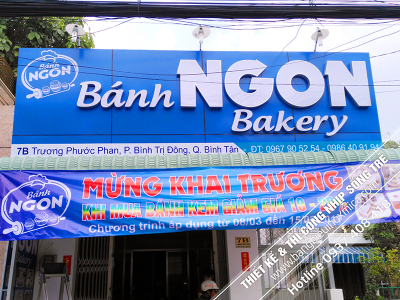Thi công bảng nhôm alu chữ nổi mica đèn led tiệm Bánh Ngon. Trương Phước Phan, Q. Bình Tân